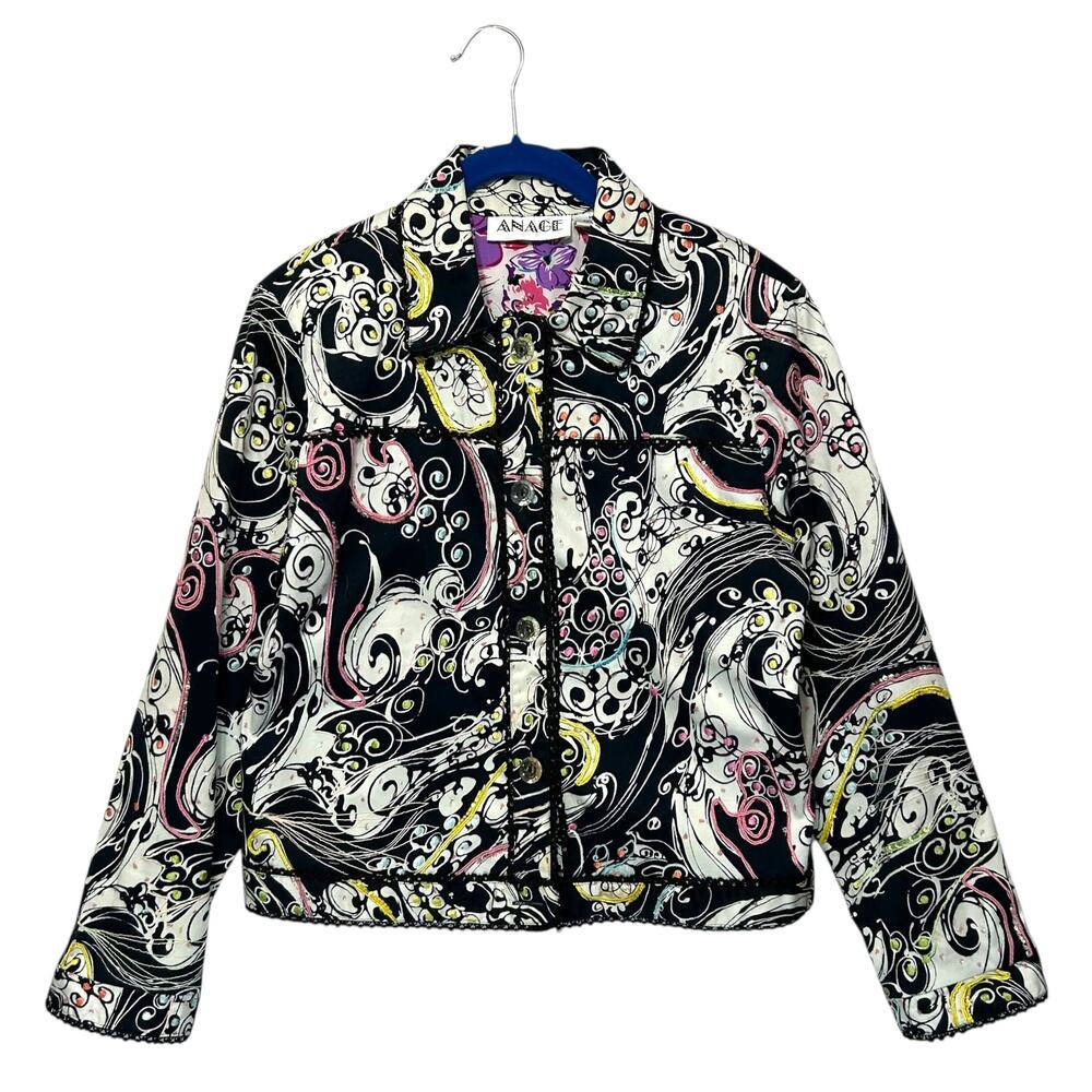 Anage Paisley Swirl Embellished Jacket Vintage Women's Sz M Multicolor 90s Bold